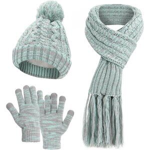Winter Beanie Hat Scarf and Gloves Set for Women Warm Chunky Knitted Pom Cap